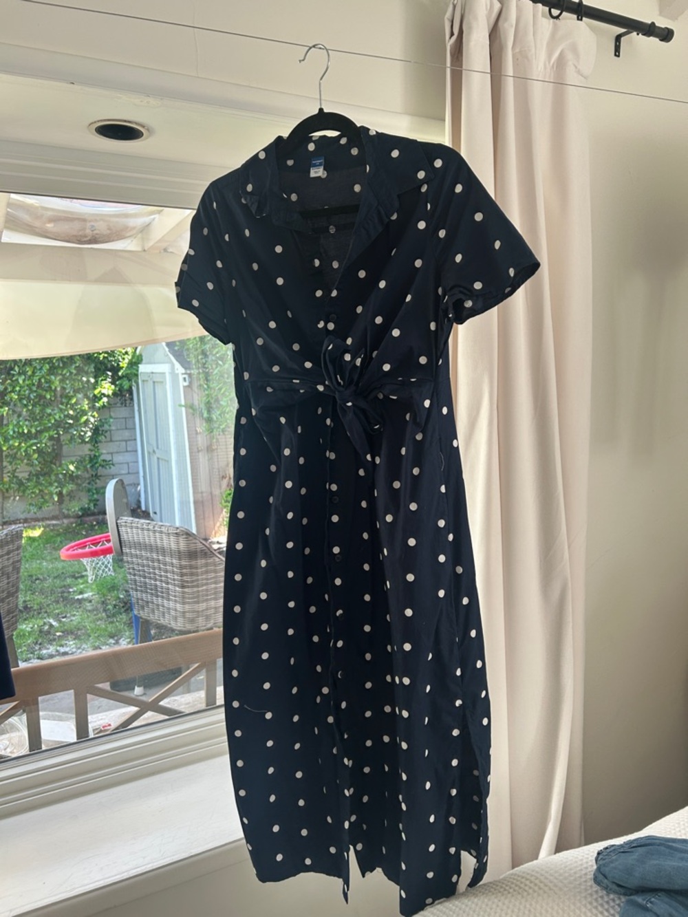 Old Navy Navy and White Polka Dot Midi Dress with Tie Front